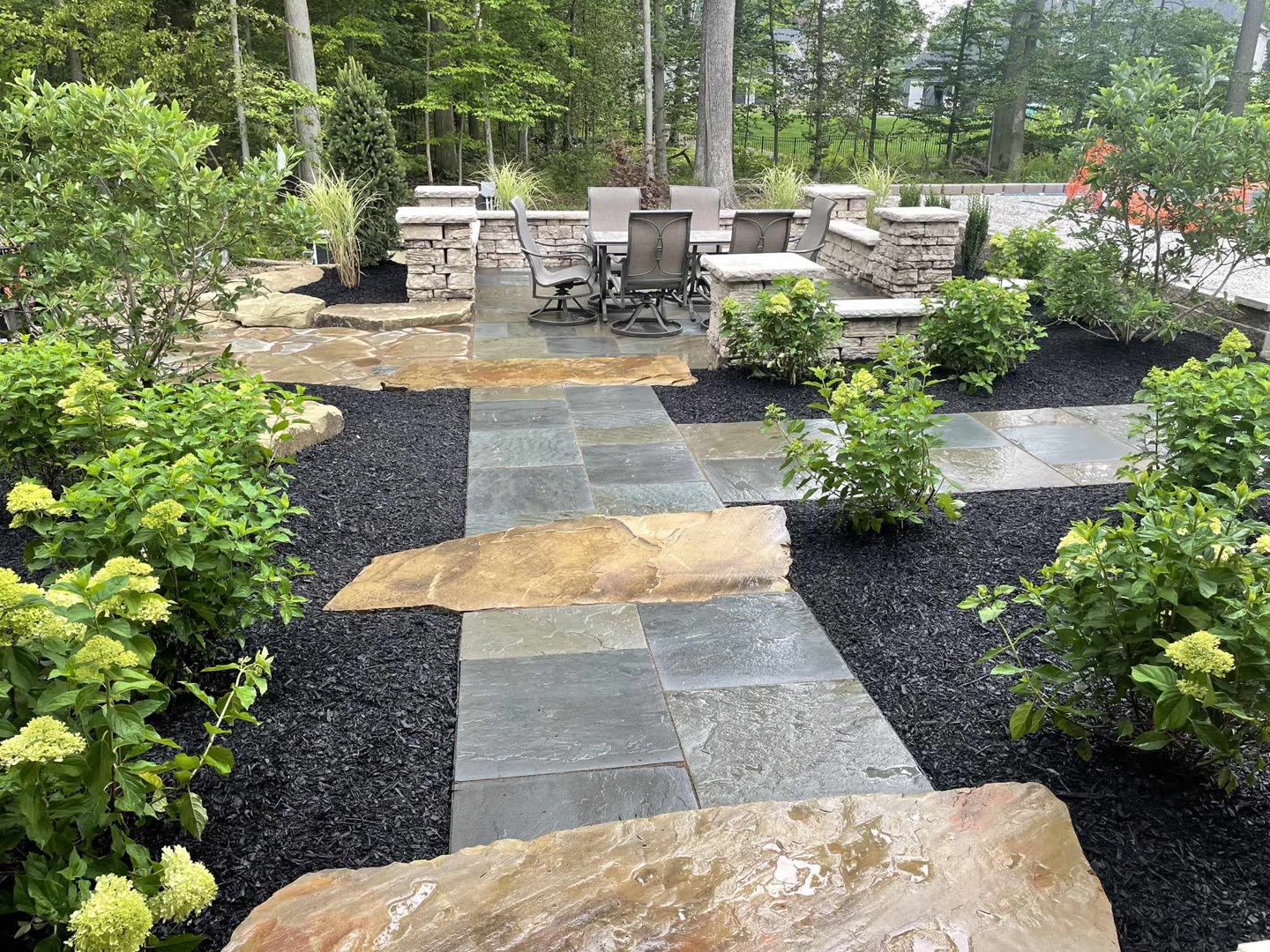 Garden path leading to a landscaped fire pit seating area