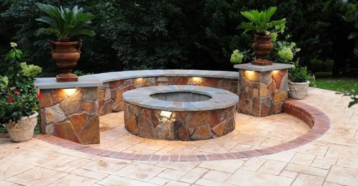 Stone fire pit with curved seating wall and accent patio lighting