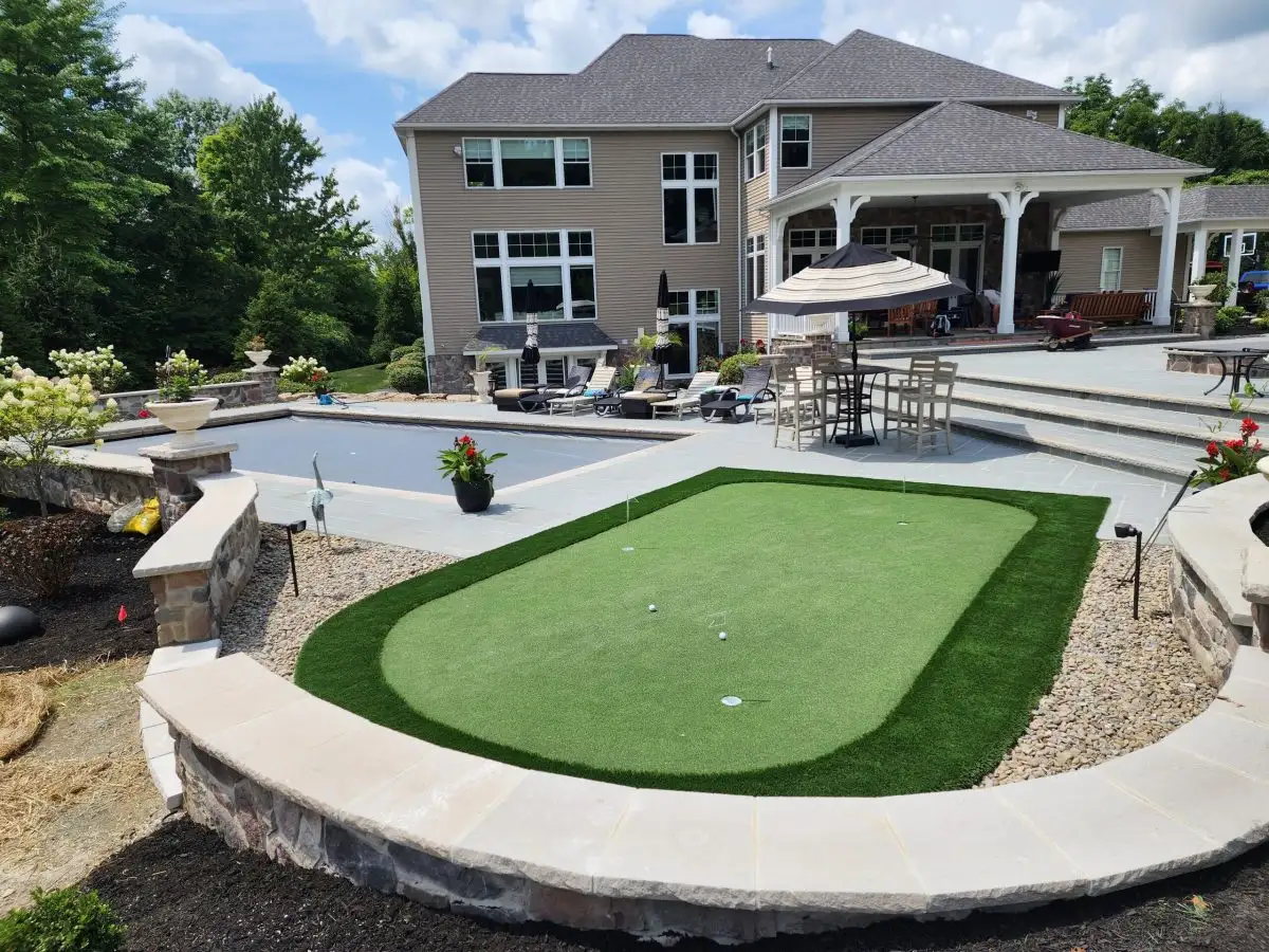 Pool area with paver patio and outdoor living